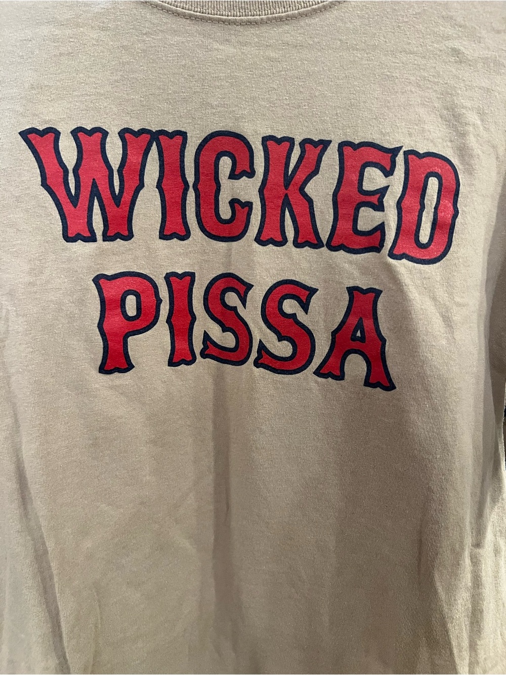 Beige Short Sleeve T-Shirt with Red Navy 'WICKED PISSA' Print